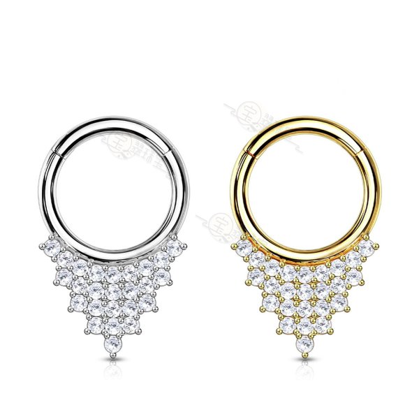 Hoop Ring with CZ Paved Triangle 14kt Solid Gold Hinged Segment Septum Ring