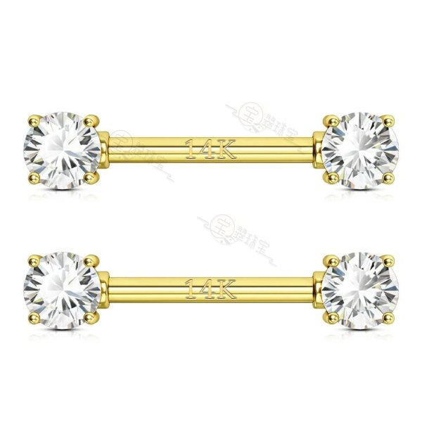 14K Gold 14G Round CZ or Opal Nipple Barbell Rings