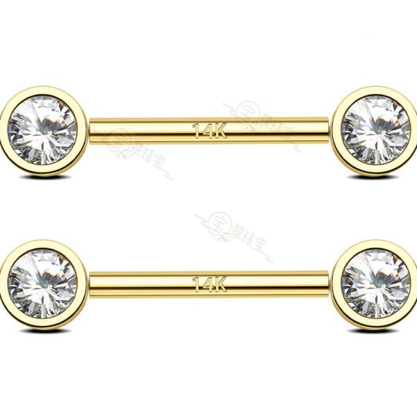 14K Solid Gold Nipple Barbell Set Push Pin Bezel Set CZ