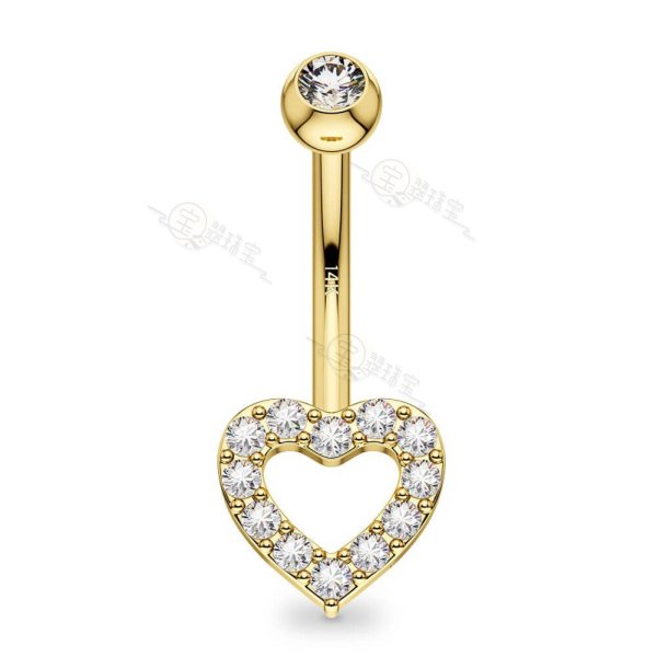 14K Gold Hollow Heart CZ Belly Button Ring 14G Belly Ring