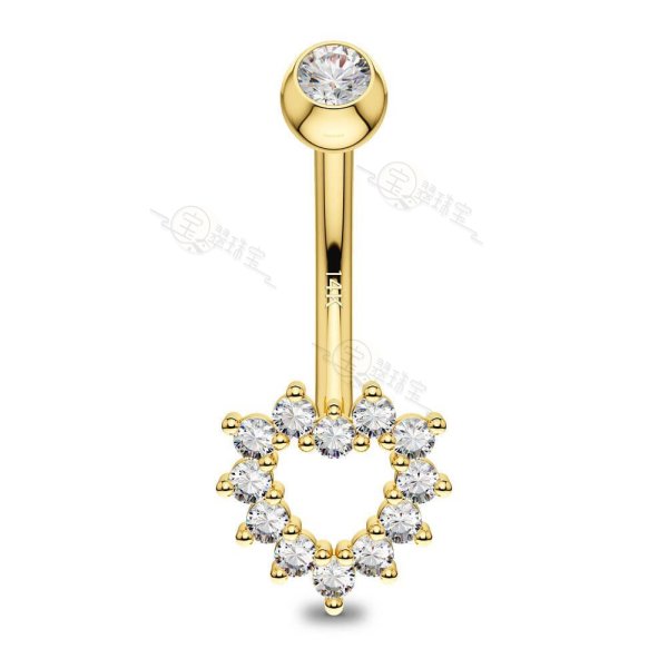 14K Gold Hollow Heart CZ Belly Button Ring 14G Navel Ring
